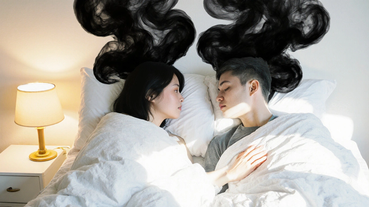 A couple lies apart in bed, separated by shadowy neural inhibitors, one hand reaching but not touching.