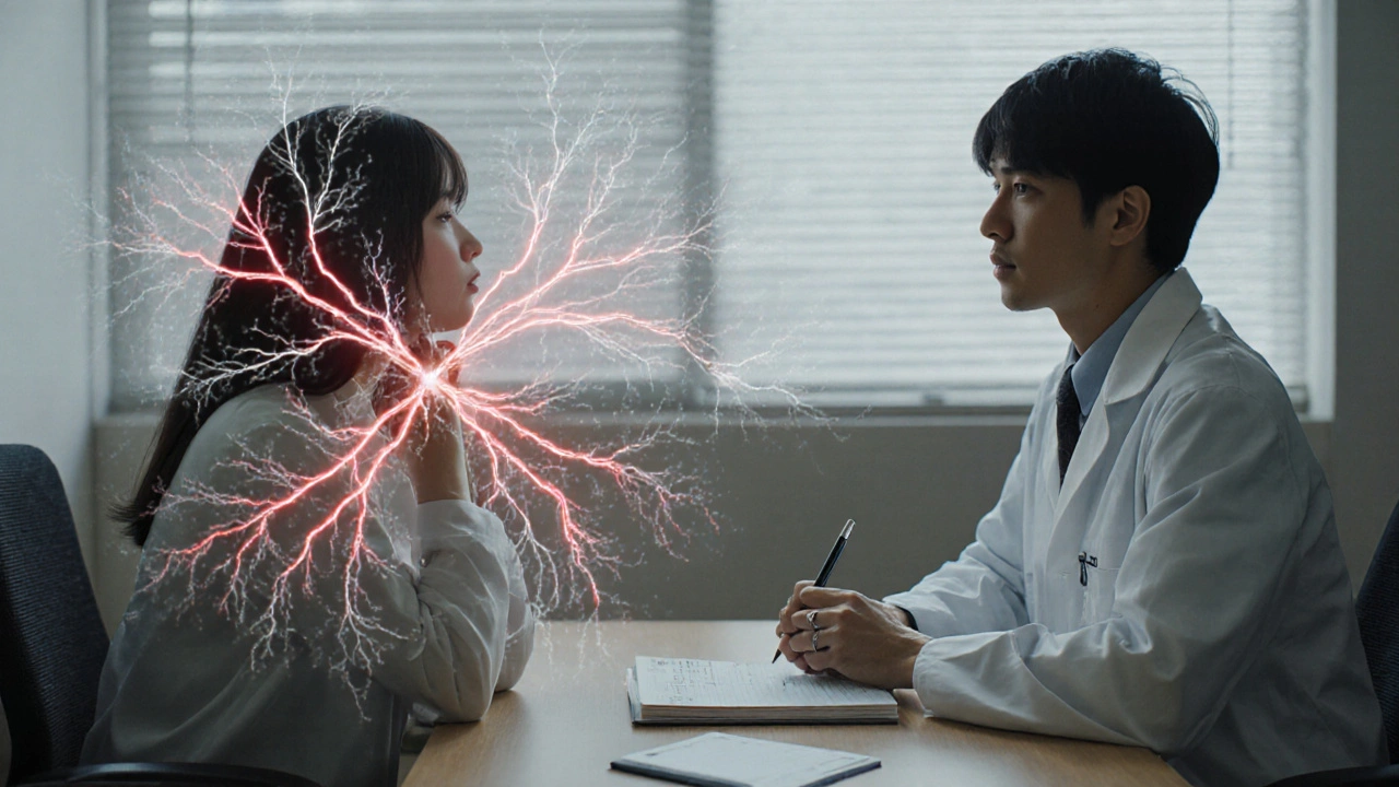 A doctor and patient discuss symptoms, with neural pathways showing blocked dopamine signals.