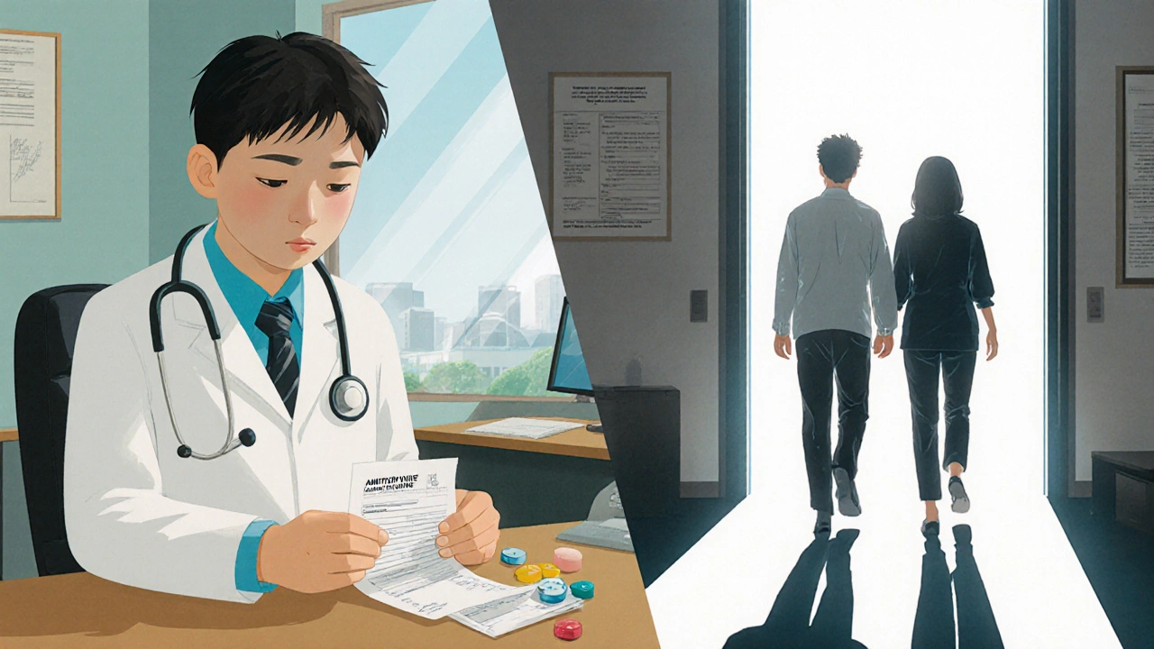 A patient transitioning from amitriptyline to new medications, standing confidently in sunlight with prescriptions in hand.