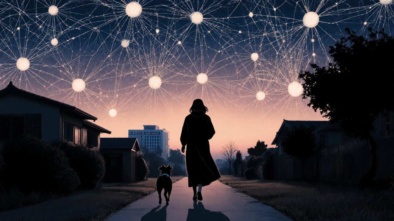 A woman walking with her dog at dawn, abstract neural networks gently reforming above her in calm patterns.