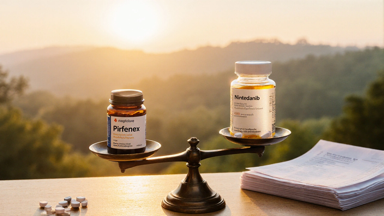 Balance scale with Pirfenex and Nintedanib bottles, sunrise background, hinting at treatment choice.
