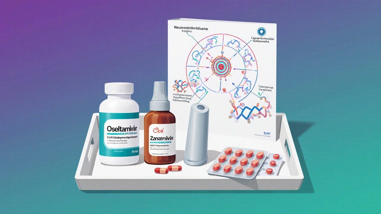 Close‑up of oseltamivir capsules, zanamivir inhaler, and baloxavir pill with target protein diagrams.