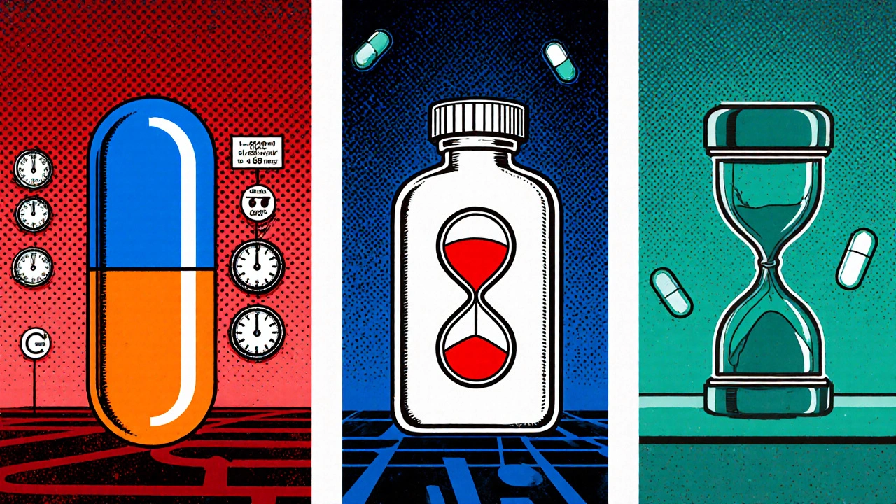 Comic panel comparing Silvitra, Viagra, and Cialis with clocks showing onset and duration.
