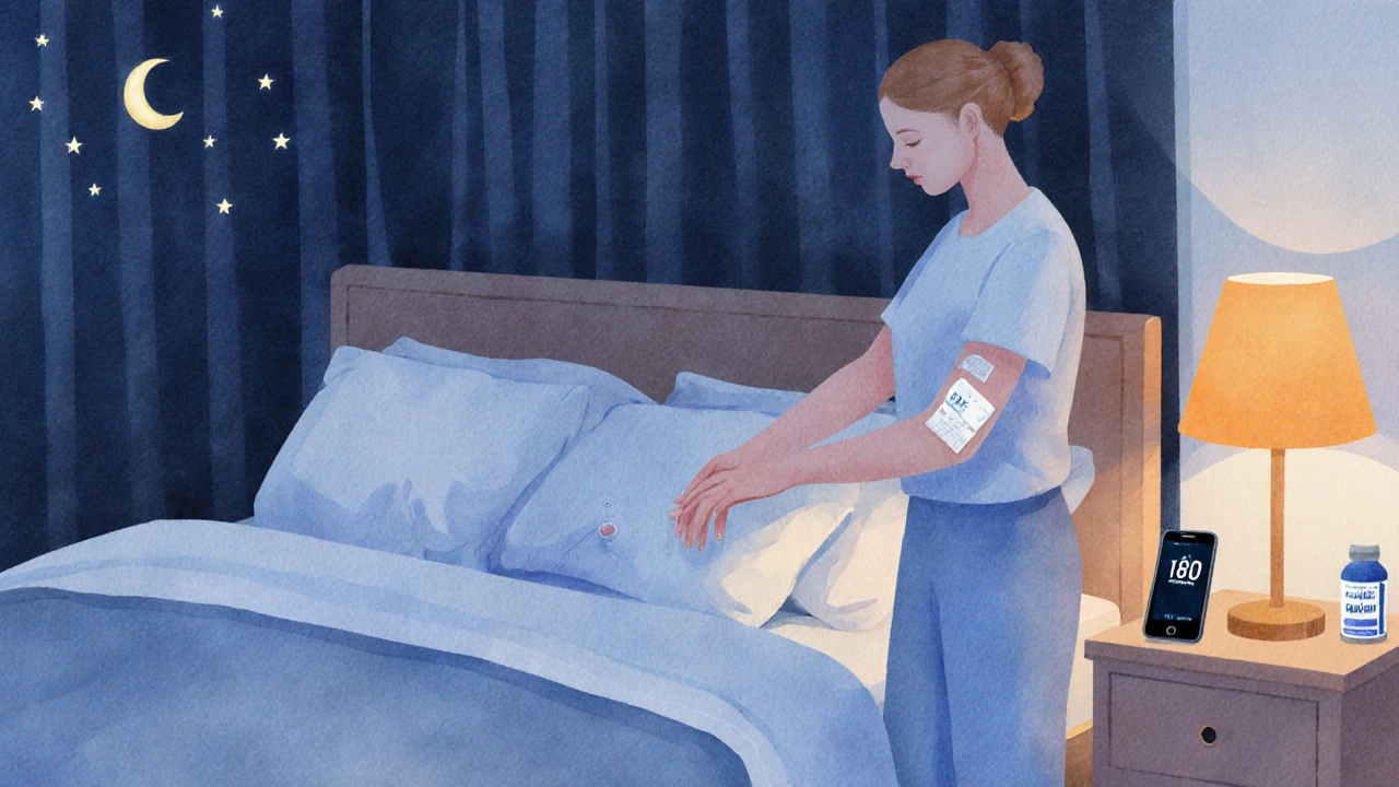 Cozy bedroom with cool temperature, melatonin capsule, lidocaine patch, and stretching.