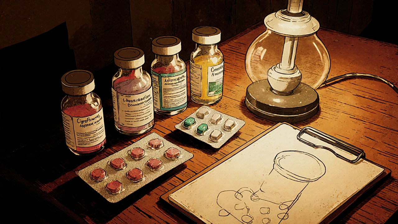 Desk with assorted antibiotic vials and a bacterial culture sketch.