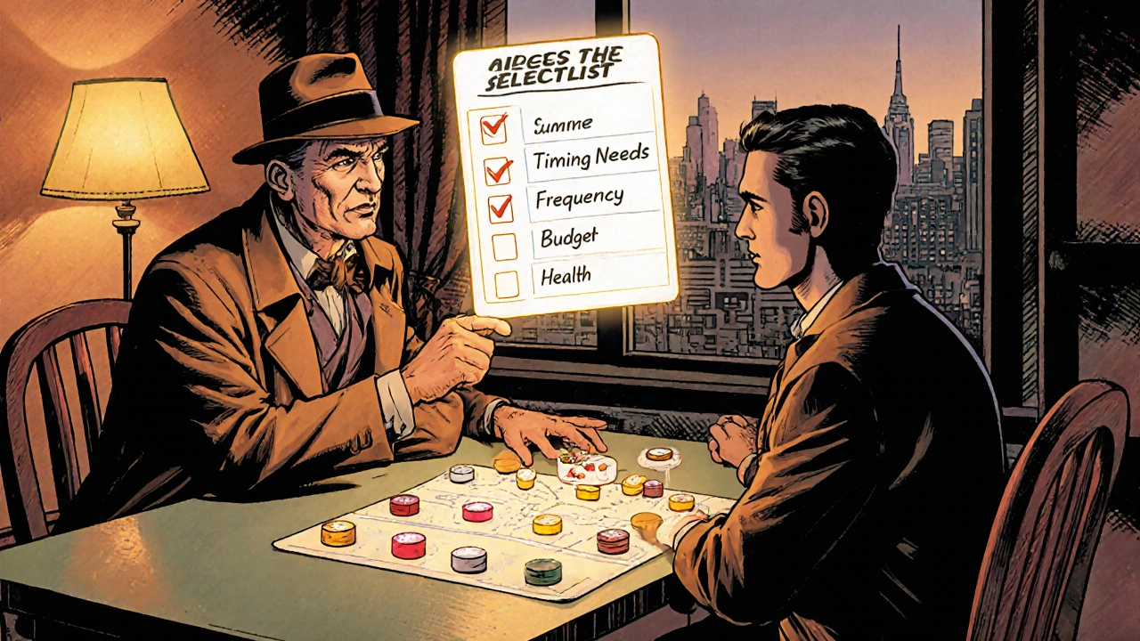 Doctor advises a man over a table of glowing medication tablets in a retro comic style.