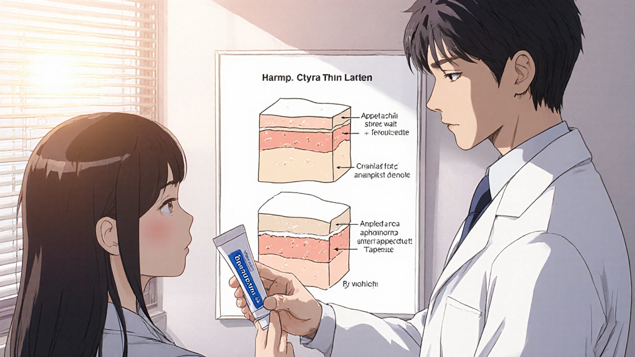 Doctor advising patient on safe Betnovate use with visual skin layer guide.