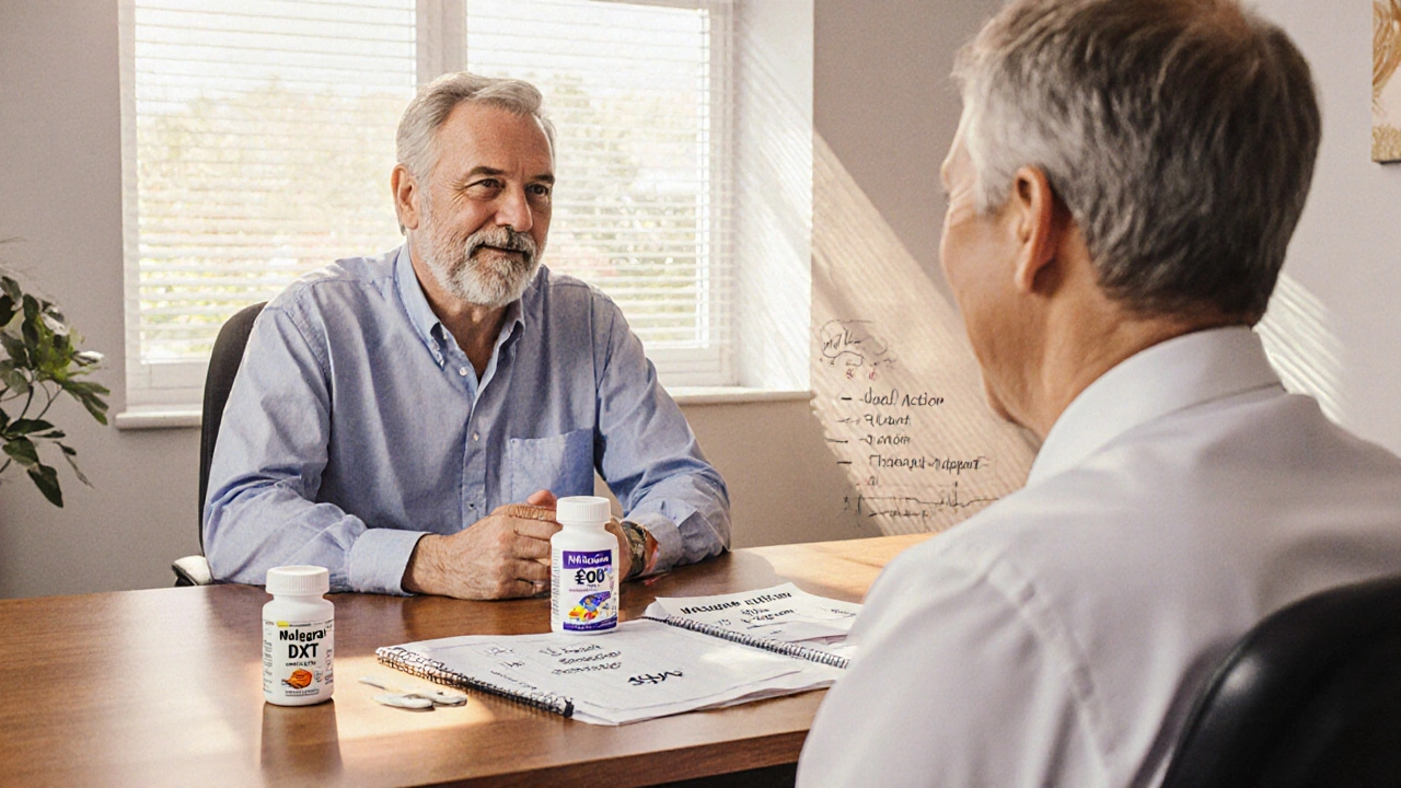 Doctor and patient reviewing Malegra tablet, price tag, and onset/duration chart in a warm office.