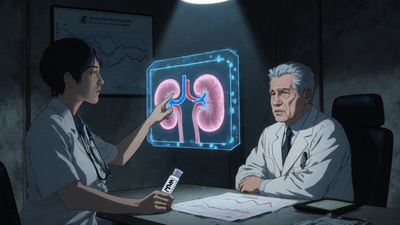 Doctor consulting patient with floating medical diagrams and lab test tubes in a clinic.