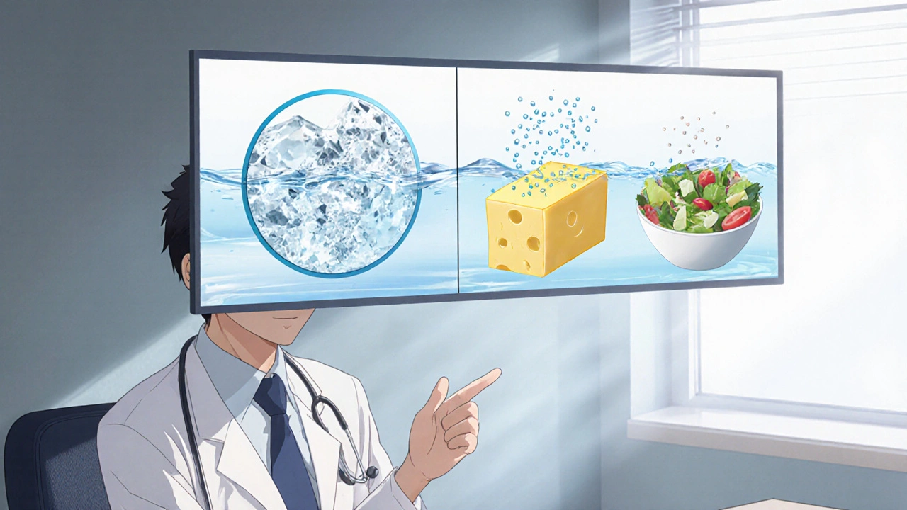 Doctor shows magnified crystals versus micronized particles with high‑fat and low‑fat foods.