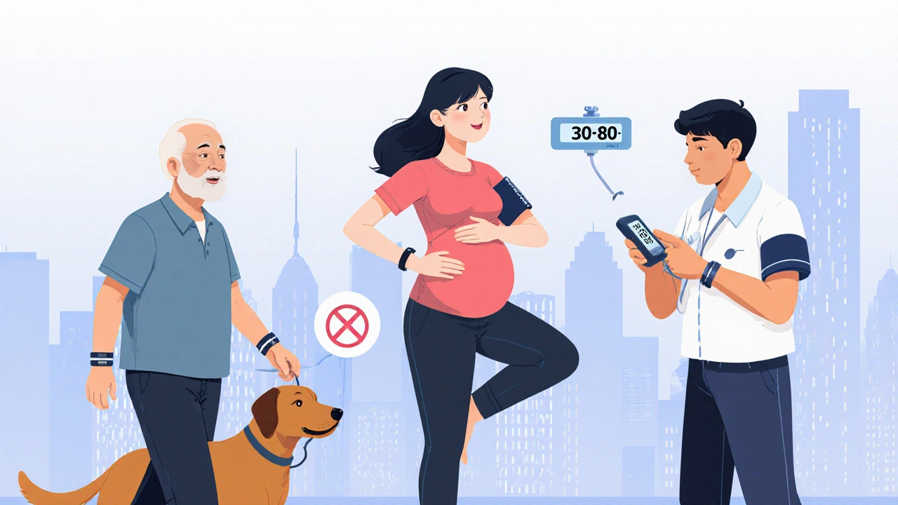 Elderly man, pregnant woman, and diabetic person outdoors showing health improvement.
