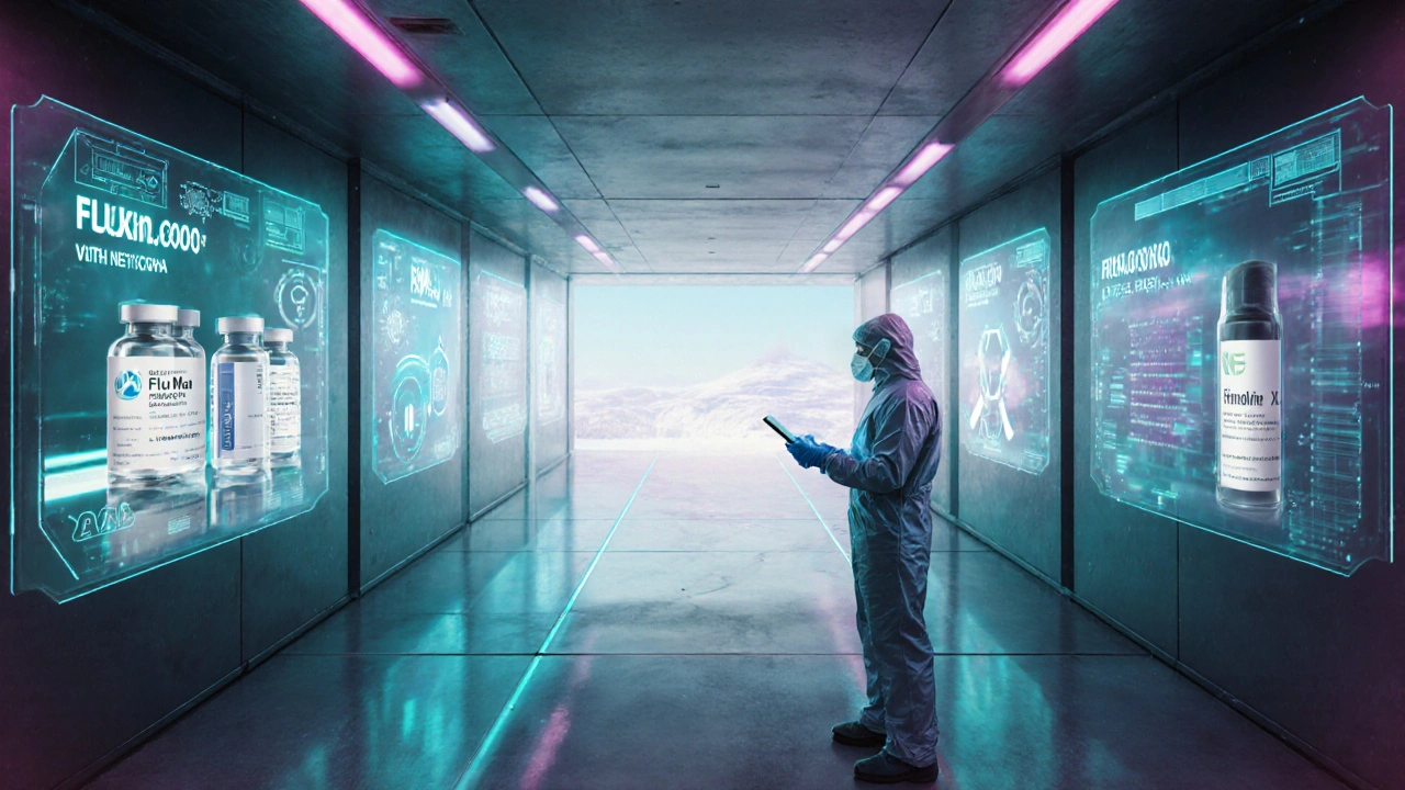 Futuristic hallway displays next‑gen flu drugs: monoclonal antibody, DHODH inhibitor, RNAi inhaler, pimodivir.
