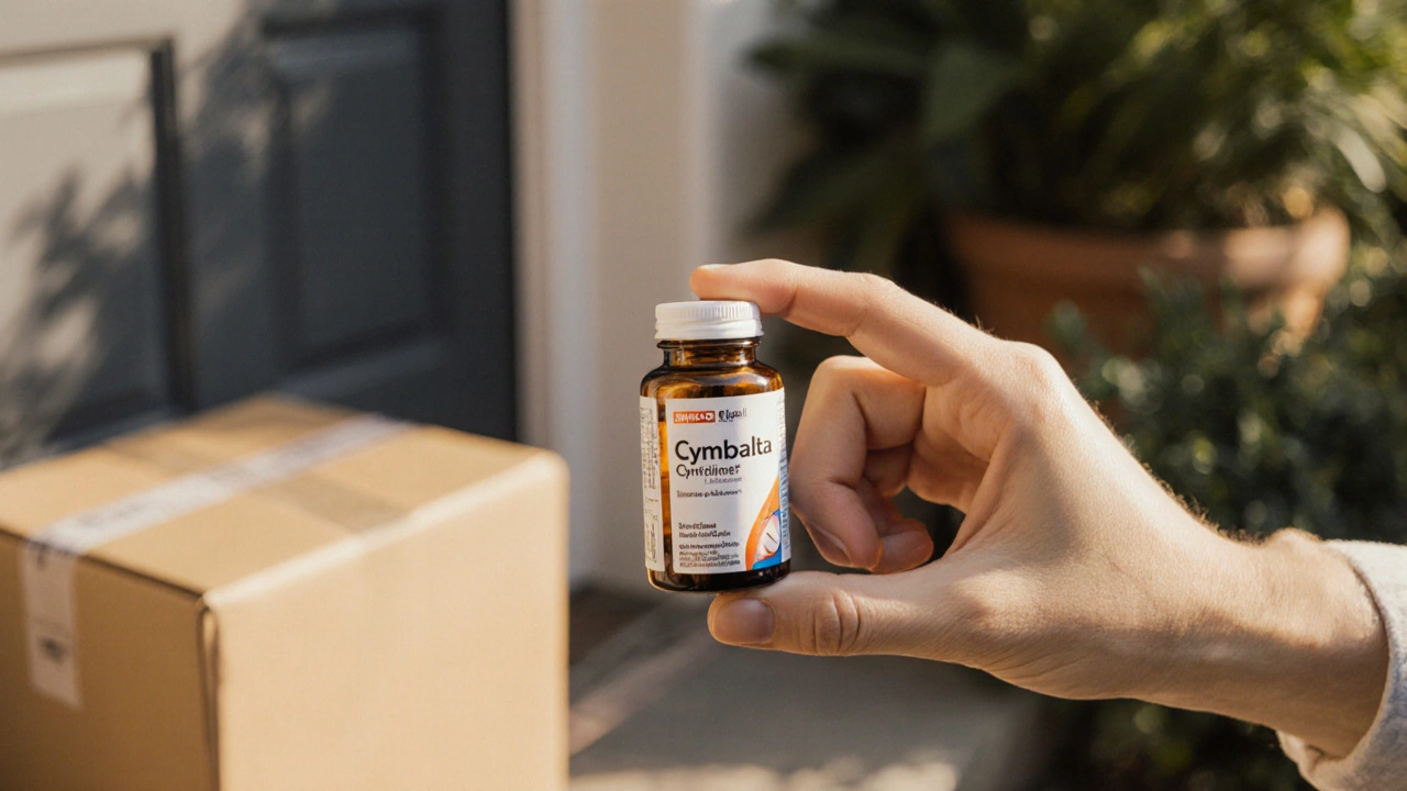 Hand checking a delivered bottle of generic Cymbalta pills for authenticity.