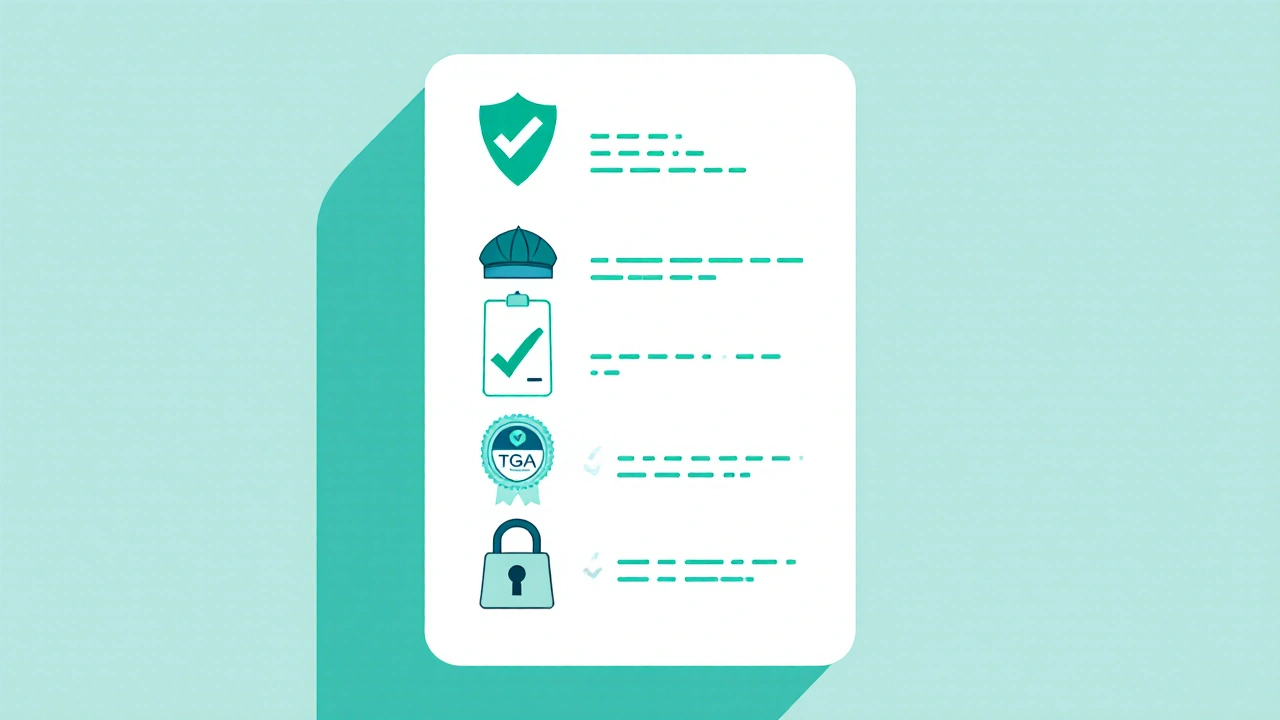 Illustrated checklist showing safety steps for verifying an online pharmacy.
