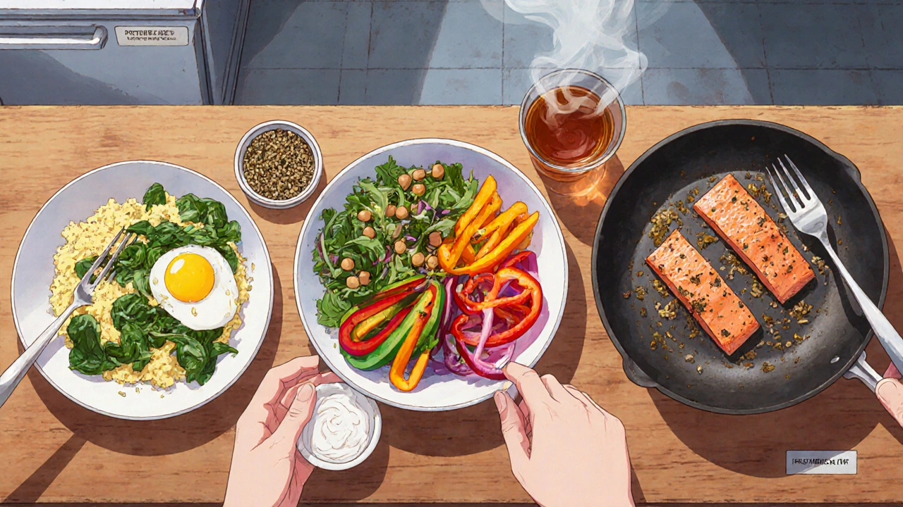 Kitchen counter with a balanced meal being prepared, featuring eggs, salmon, quinoa, and tea.
