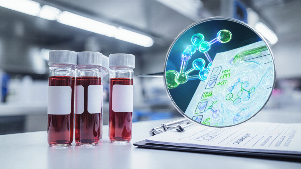 Lab bench with blood vials and checklist, highlighting mineral test symbols.