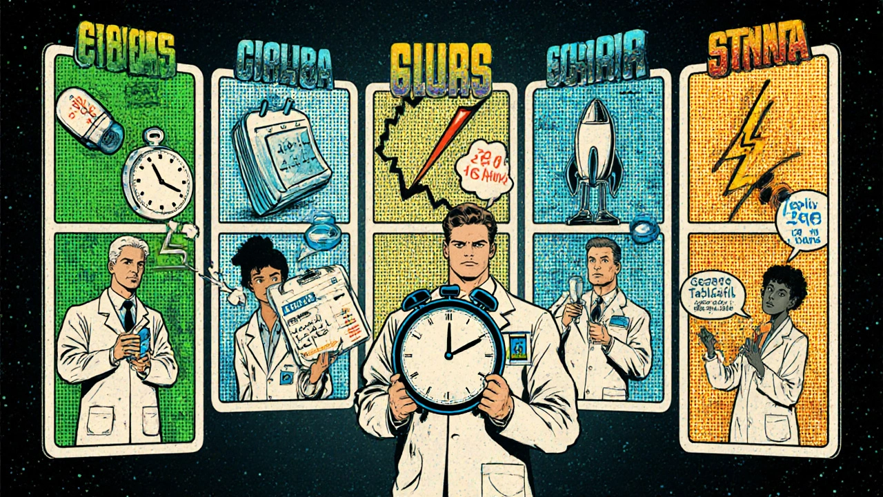 Laboratory scene with each ED drug depicted as a scientist showing its onset and duration.