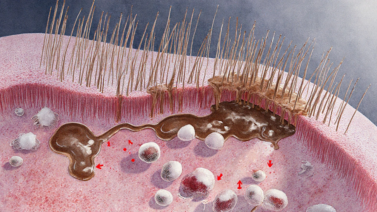 Microscopic view of damaged cilia and inflamed throat tissue.