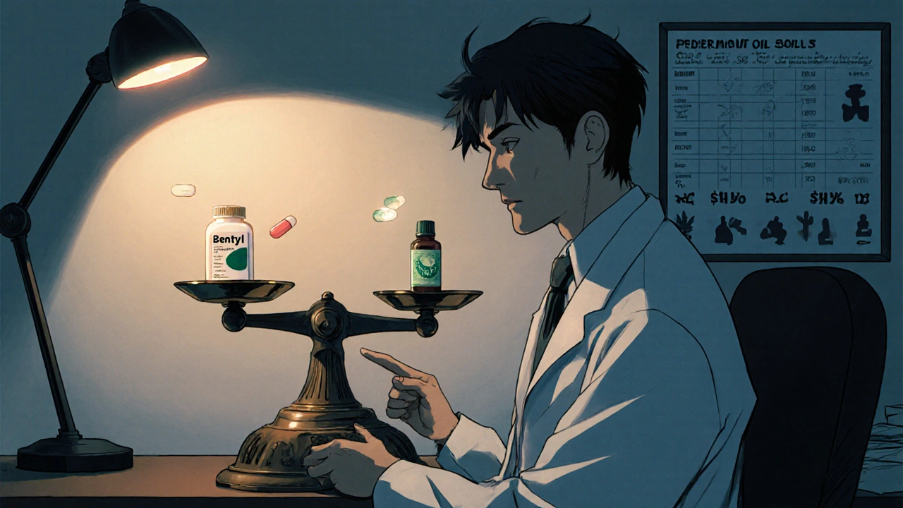 Patient weighing Bentyl pill against peppermint oil capsule on a scale in a dim office.