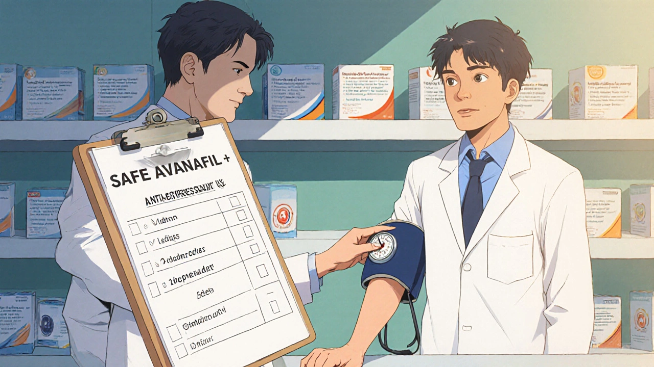 Pharmacist assists man with blood pressure cuff and checklist, alternative ED meds shown.