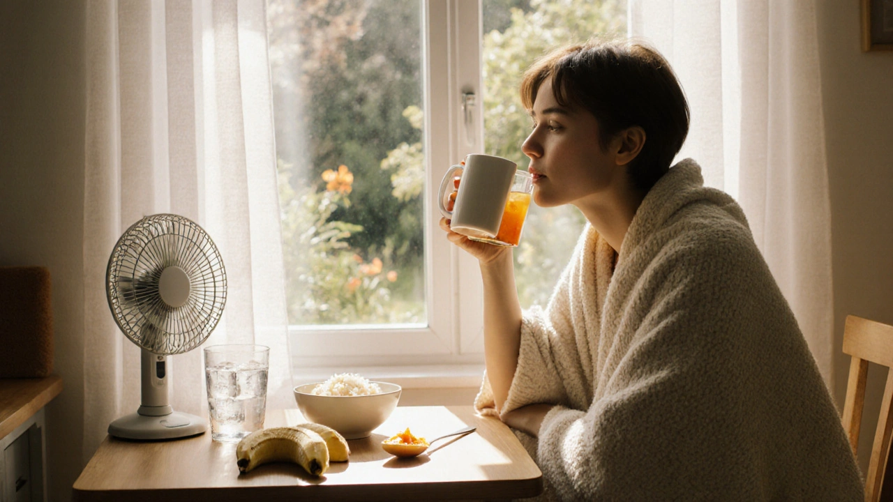 Photo of a person sipping broth and eating simple foods in a bright, cozy kitchen.