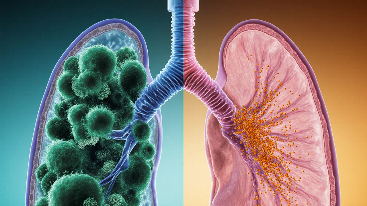 Side‑by‑side view of a CF airway clogged with green mucus and neutrophils, and an asthma airway with pink mucus and eosinophils.