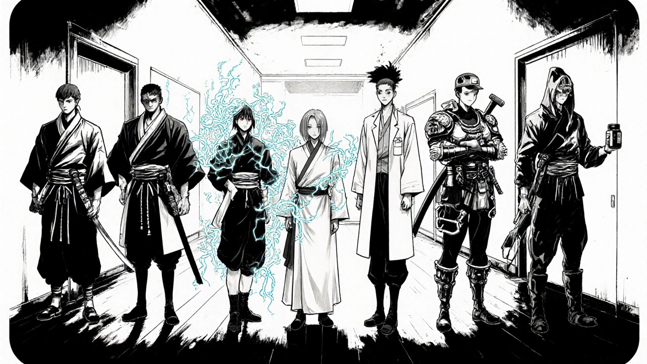 Six medication characters lined up, each representing a different IBS treatment.