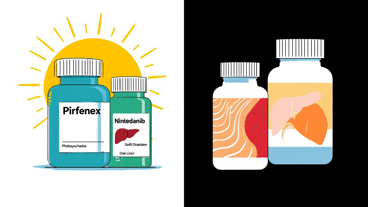 Split illustration showing Pirfenex with sun and liver, Nintedanib with diarrhea swirl and liver.