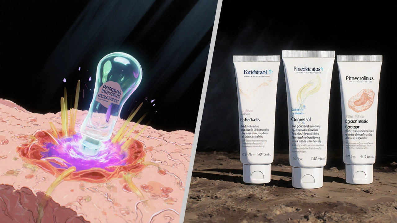 Split panel showing Betnovate binding to skin receptors and a lineup of cream alternatives.