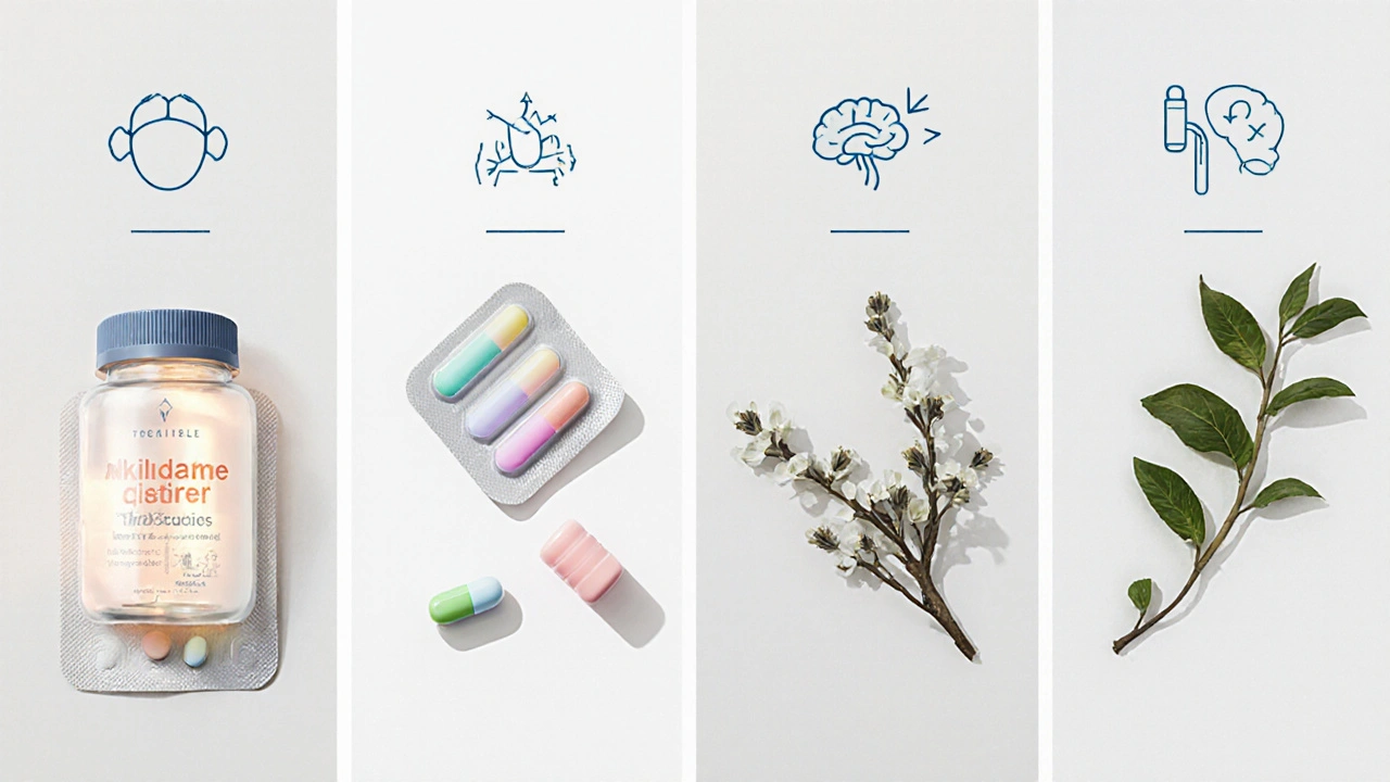 Split-screen illustration comparing Varnitrip tablets, nicotine patch/gum, bupropion pills, and cytisine plant.