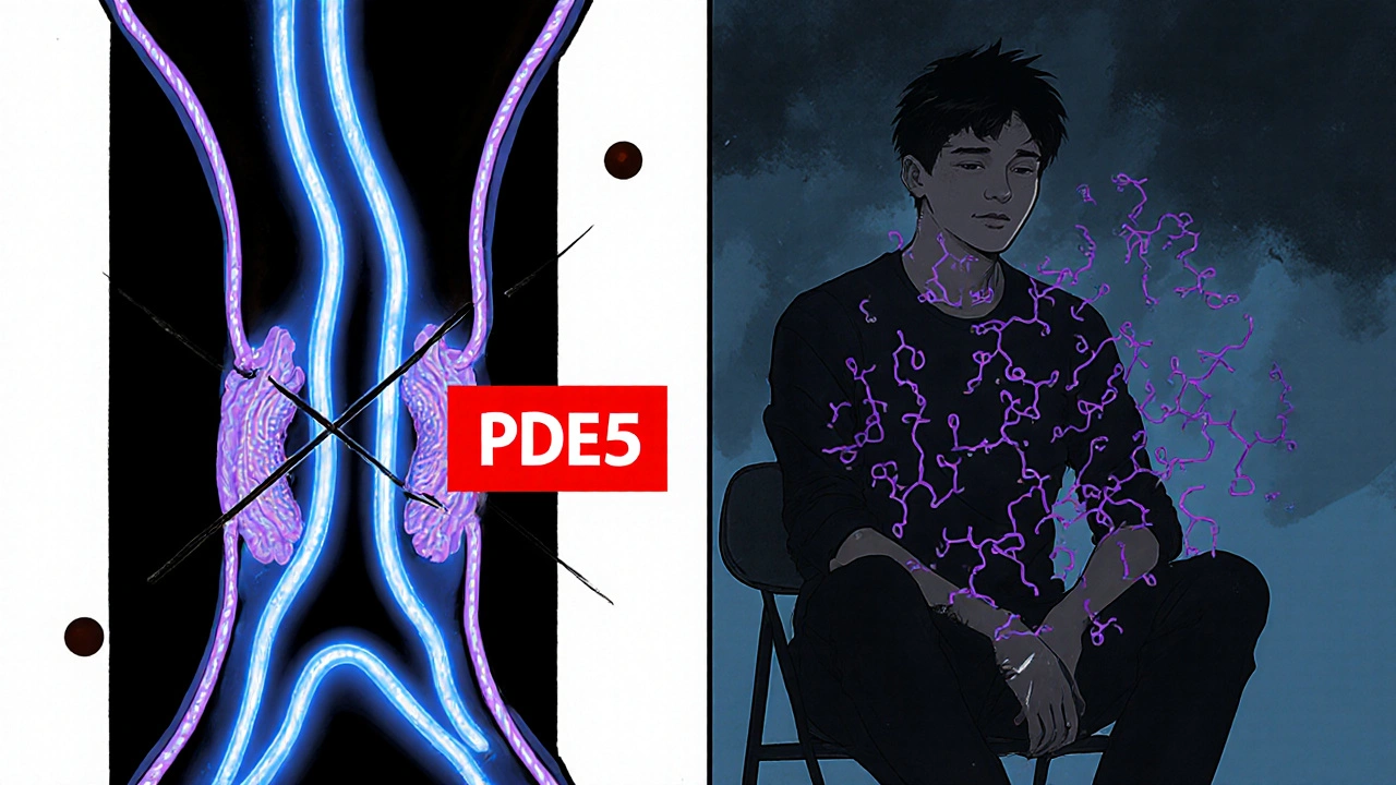 Split view of avanafil relaxing artery and SSRI serotonin blocking effect, man looks uneasy.