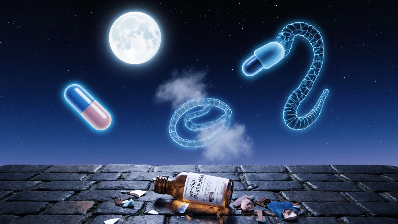 Three alternative treatments floating in twilight—melatonin, pregabalin, and doxepin—each with calming auras, above a broken bottle of Elavil.