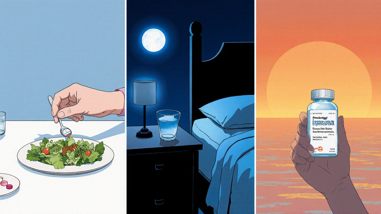Three lifestyle scenes: micronized tablet with salad, sodium capsule at bedside, extended‑release tablet at sunrise.