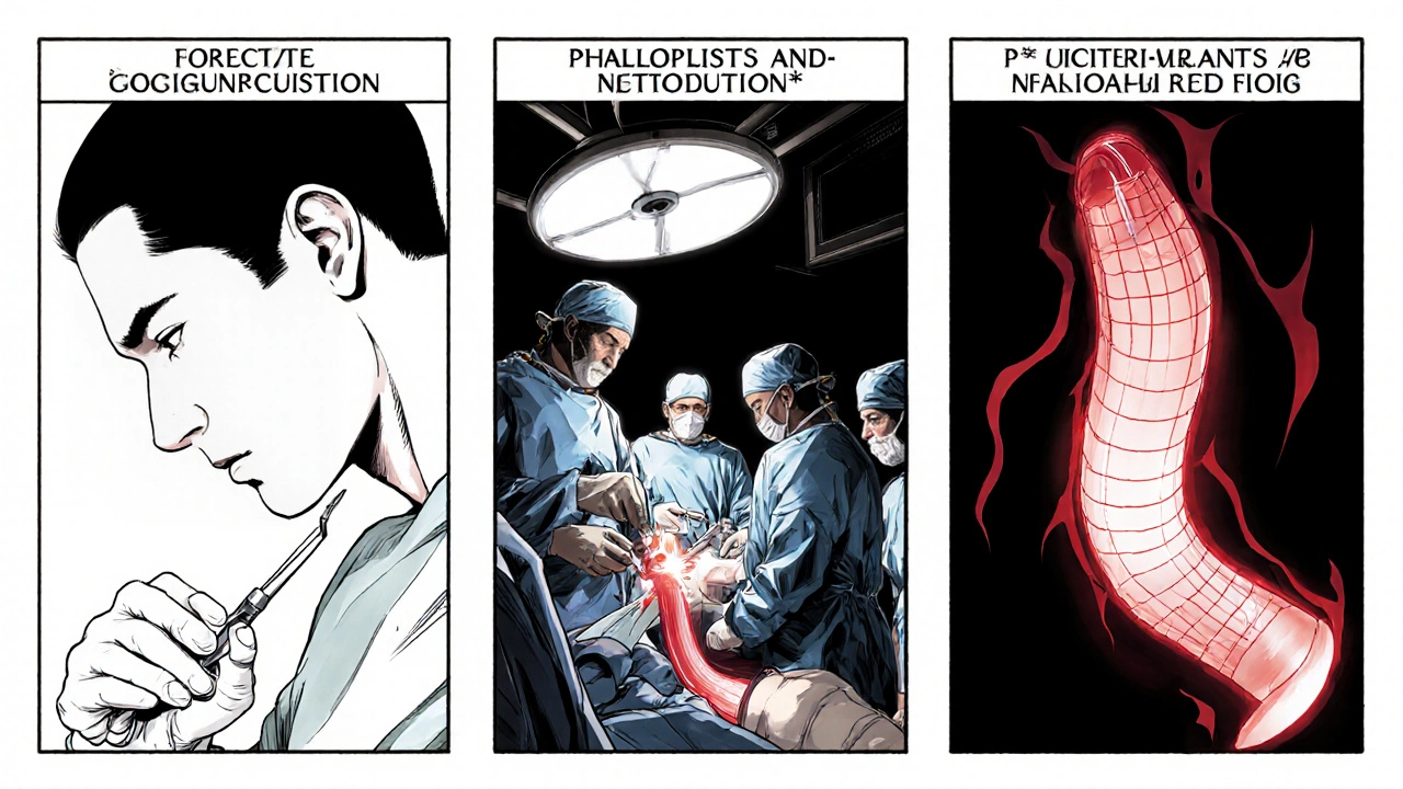 Three manga panels showing circumcision, phalloplasty, and penile implant surgeries.