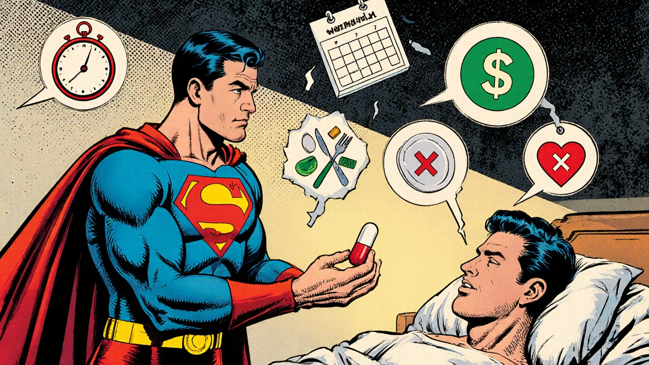 Vintage comic scene of a doctor giving Silvitra capsule with icons for quick onset, cost, and safety.