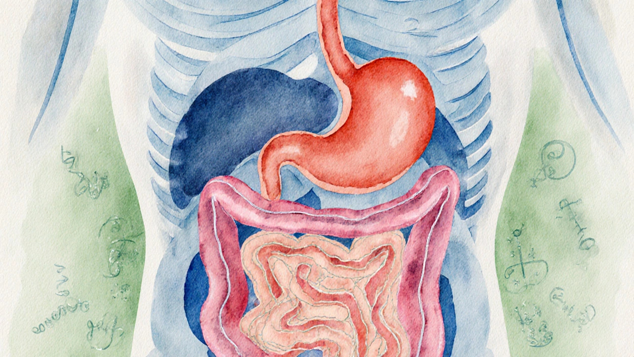 Watercolor cross‑section showing slowed gut motion and blood flowing toward the skin.