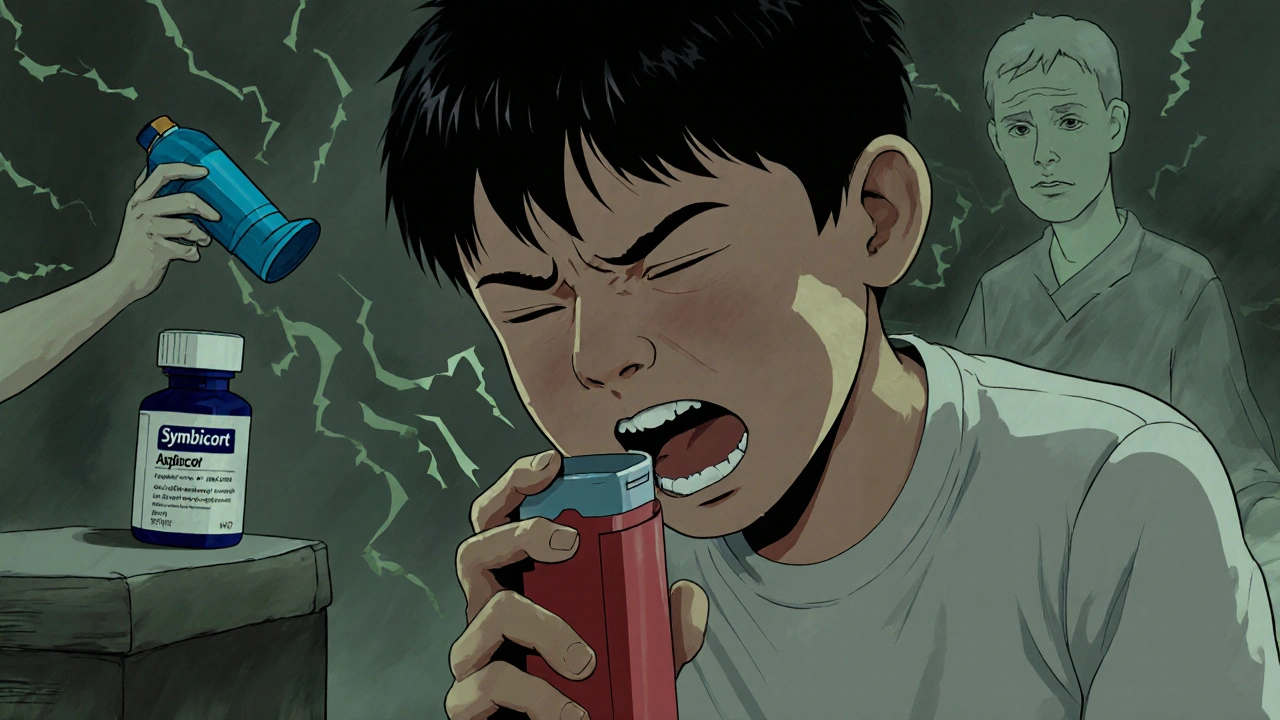 A boy having an asthma attack at camp, clutching the wrong inhaler as his breathing grows desperate.