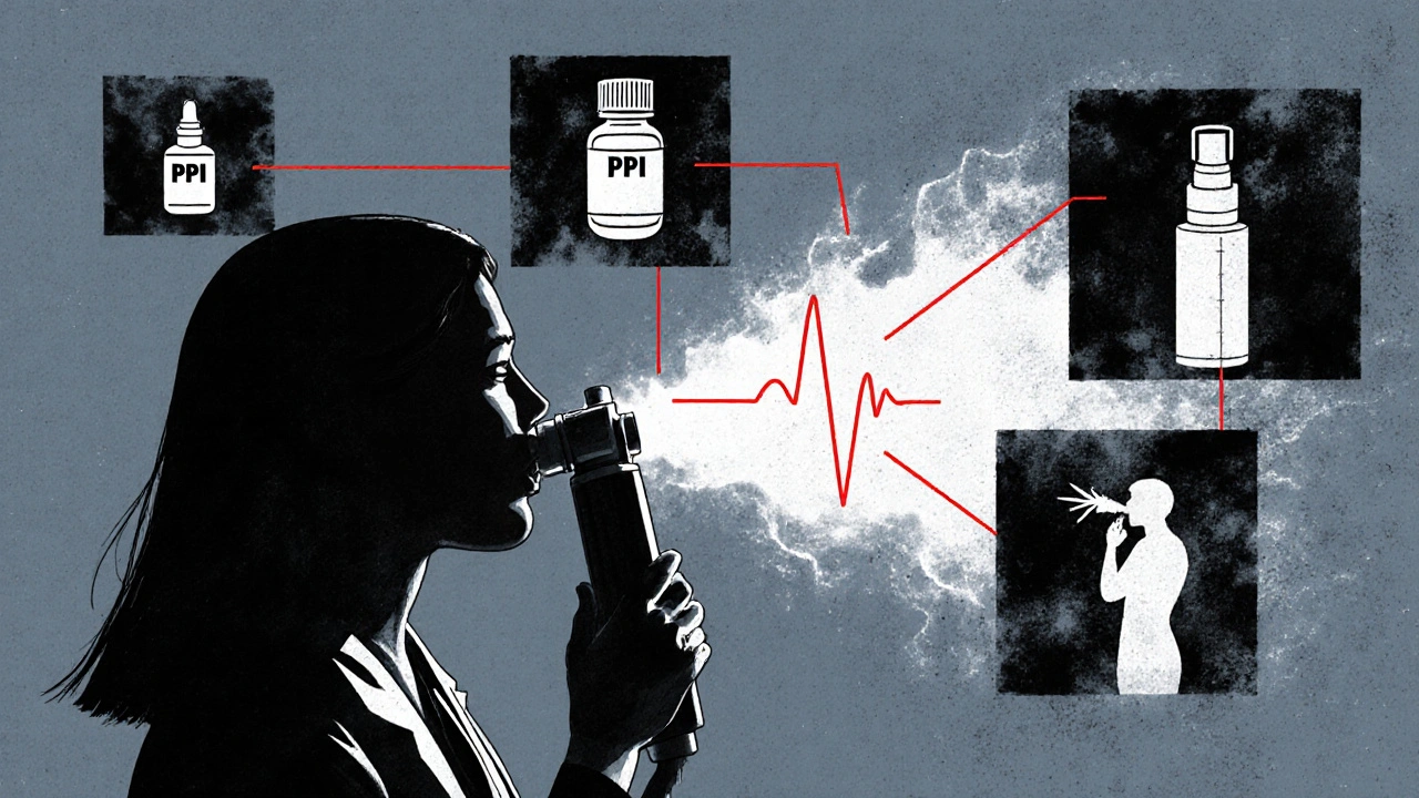 A doctor administering a spirometry test while floating medical symbols hover around the patient&#039;s coughing silhouette.