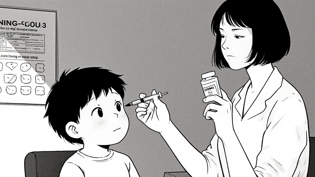 A doctor giving Clarinex liquid to a child using a dosing syringe.