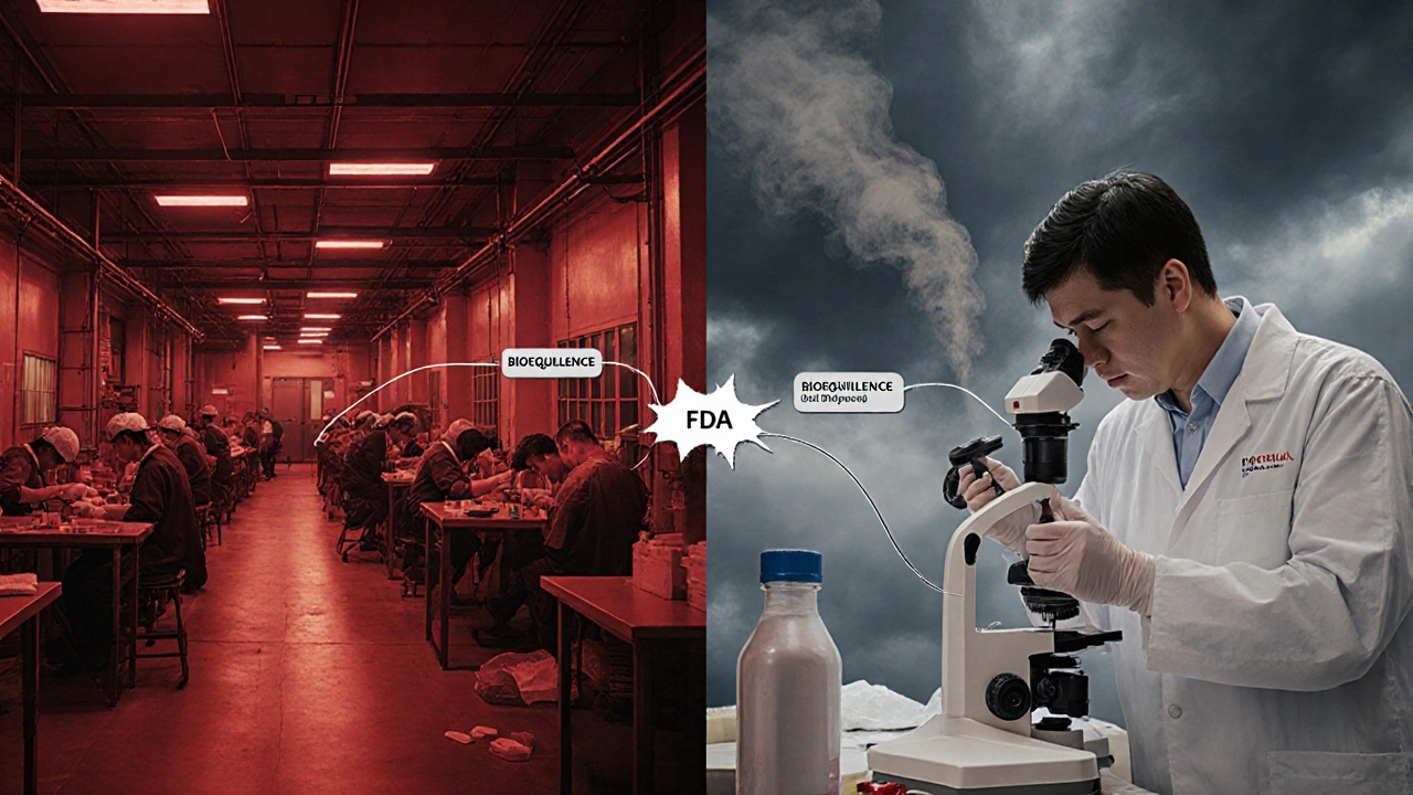 A factory in China and an FDA lab connected by a thread labeled &#039;Bioequivalence&#039;, symbolizing global drug supply.