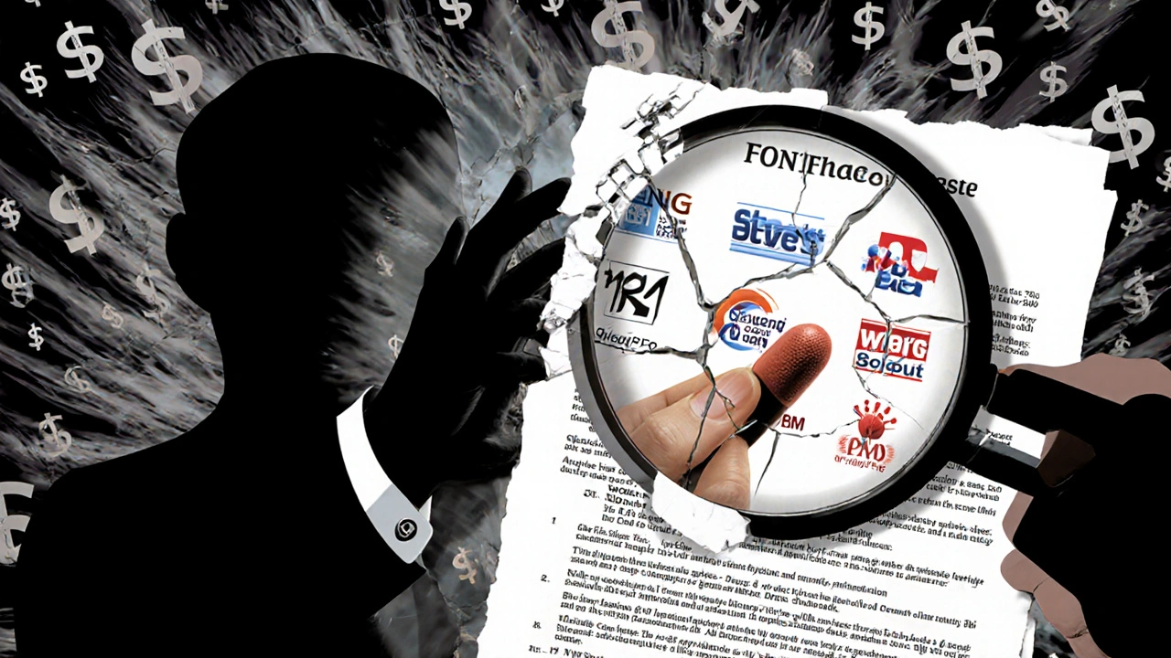 A magnified generic pill with multiple manufacturer logos reflected behind it, light breaking through a contract.