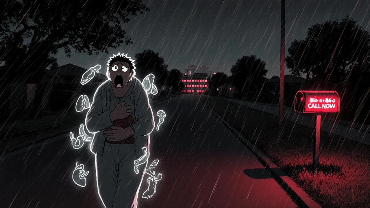 A patient walking at dusk, surrounded by ghostly irAE symptoms, with a glowing &#039;Call Now&#039; mailbox in the distance.