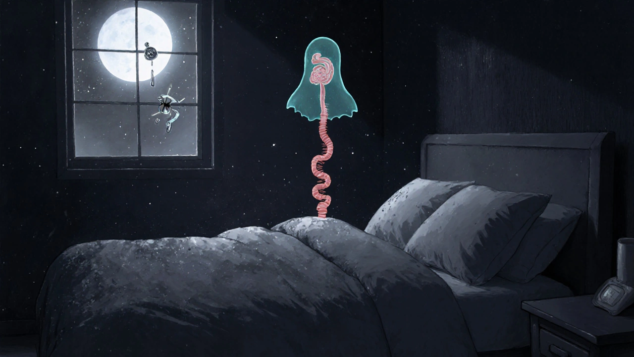 A person sleeping propped up at night, with invisible reflux, asthma triggers, and postnasal drip visually manifesting above them.