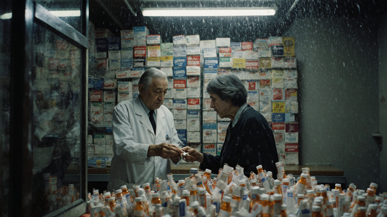 A pharmacist handing a generic pill to an elderly patient as brand-name drug boxes crumble behind them.