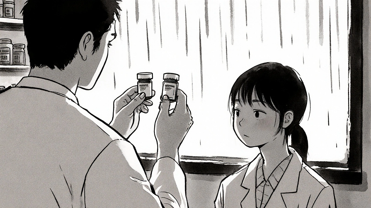 A pharmacist shows identical pills to a hesitant patient under soft rainy light.