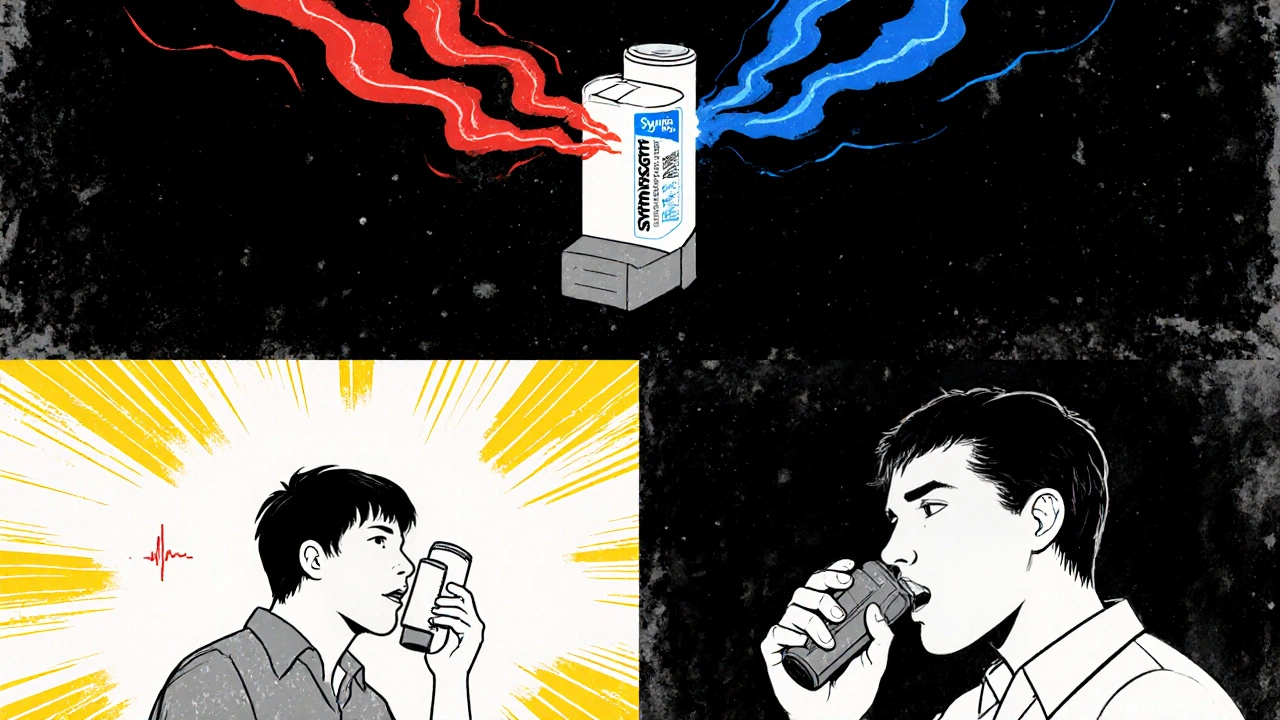 A single combination inhaler emitting dual red and blue energy streams, representing combined rescue and maintenance therapy.
