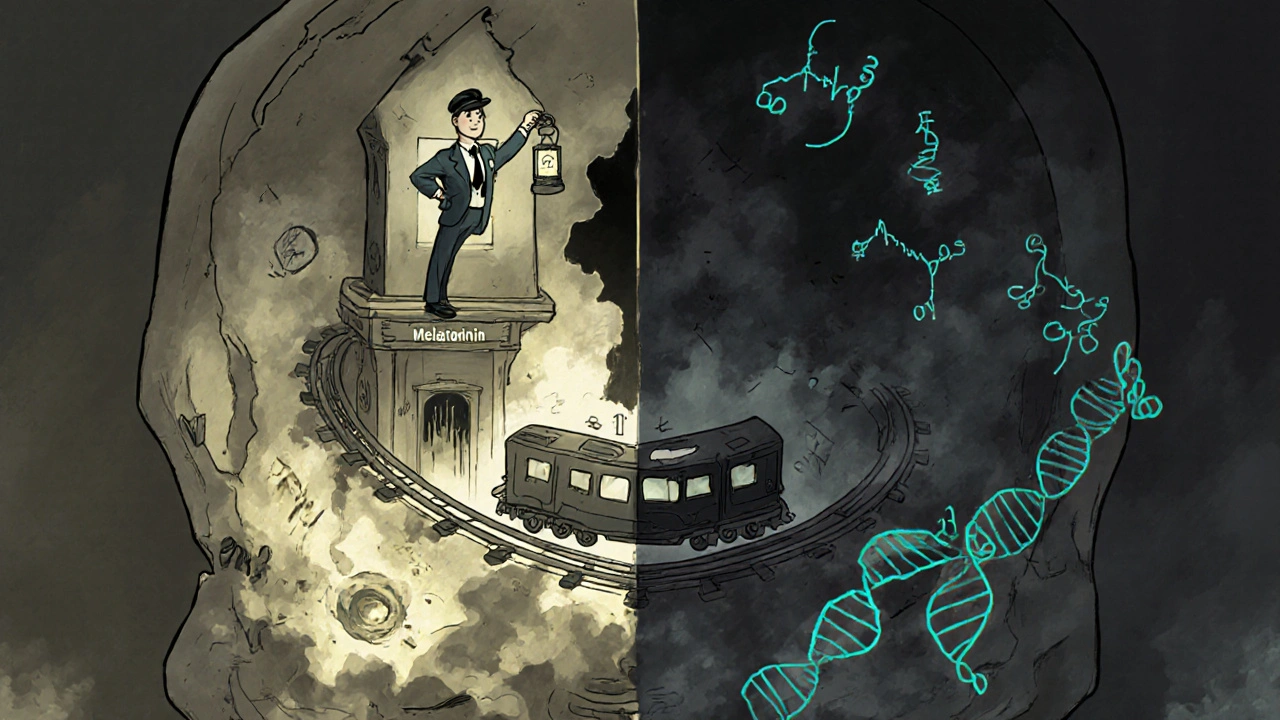 A tiny conductor on a clock tower inside a skull tries to steer a train labeled &#039;Circadian Rhythm&#039; through light and dark tracks.