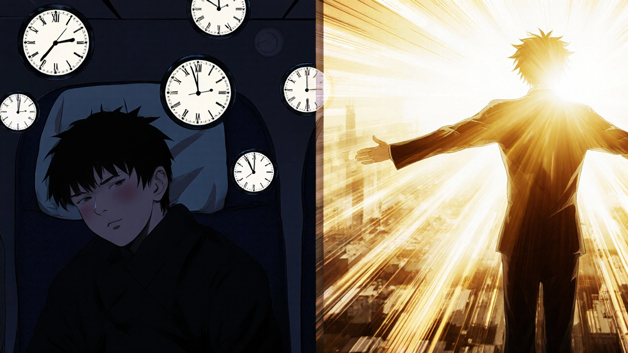 A traveler on a plane splits into two images: one exhausted, the other receiving morning light in a foreign city.