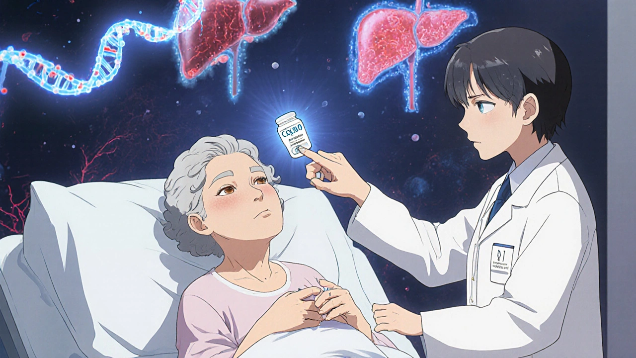 An elderly woman taking CoQ10 as a DNA strand and organ images glow above her, with a doctor pointing during a medical consultation.