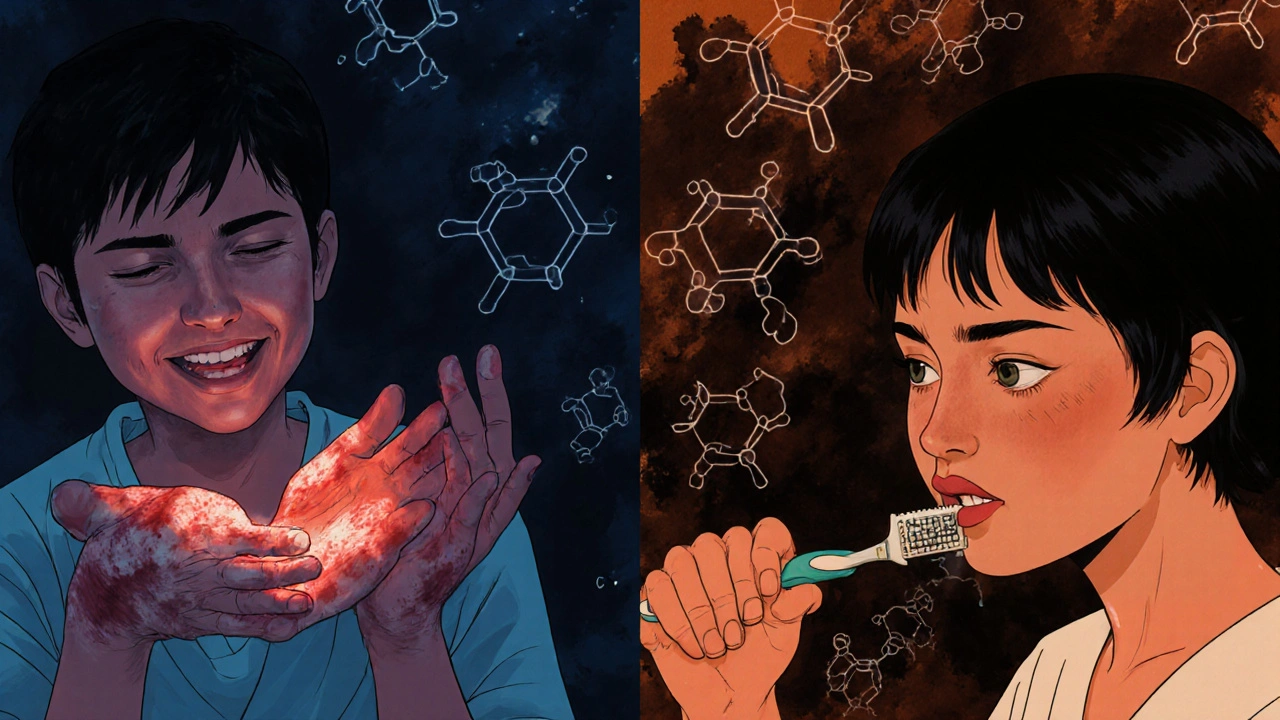 Chemotherapy patient with blistered palms and peeling skin, struggling to hold a toothbrush.